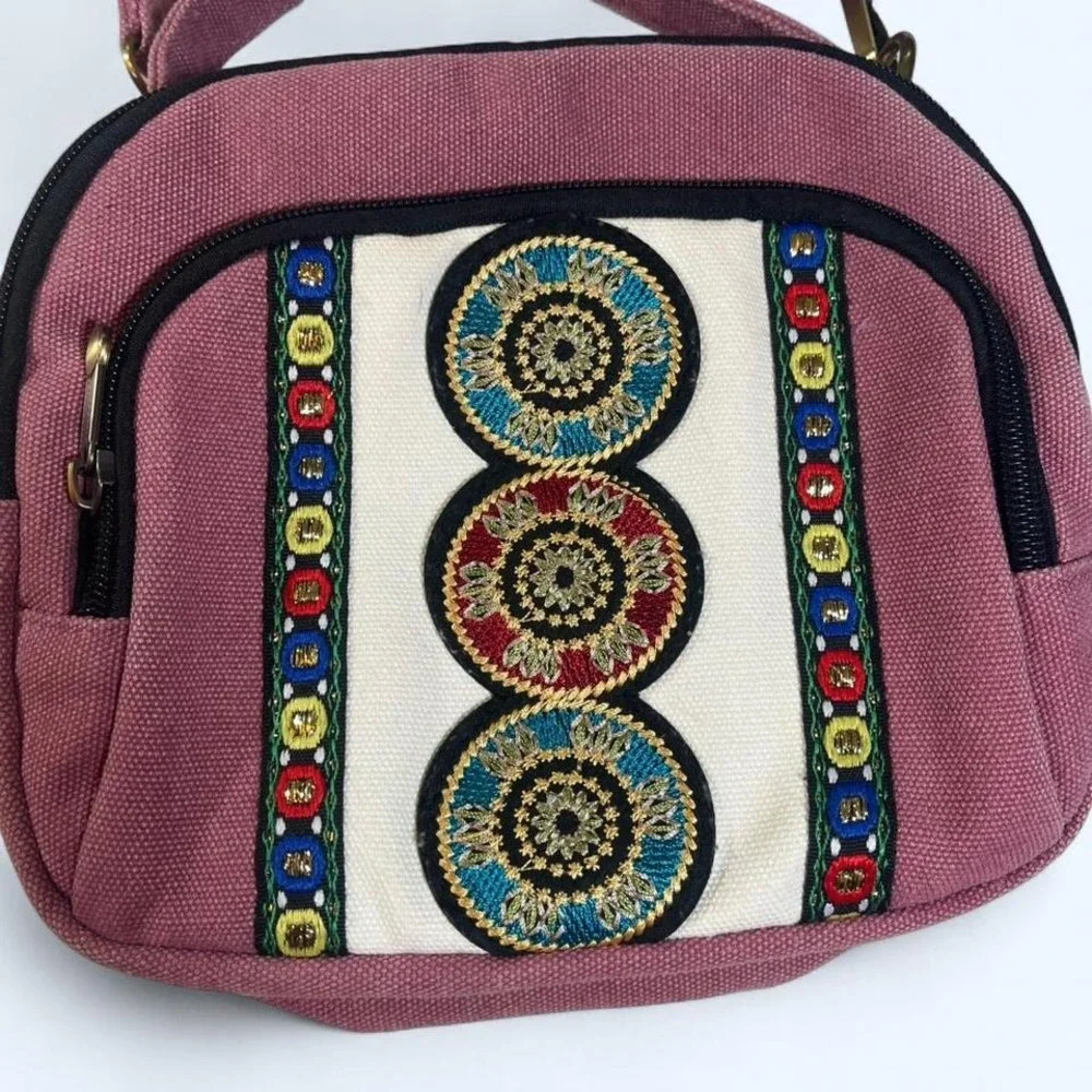 Pink canvas Crossbody Bag With Embroidered Design Boho Festival Summer Spring‎